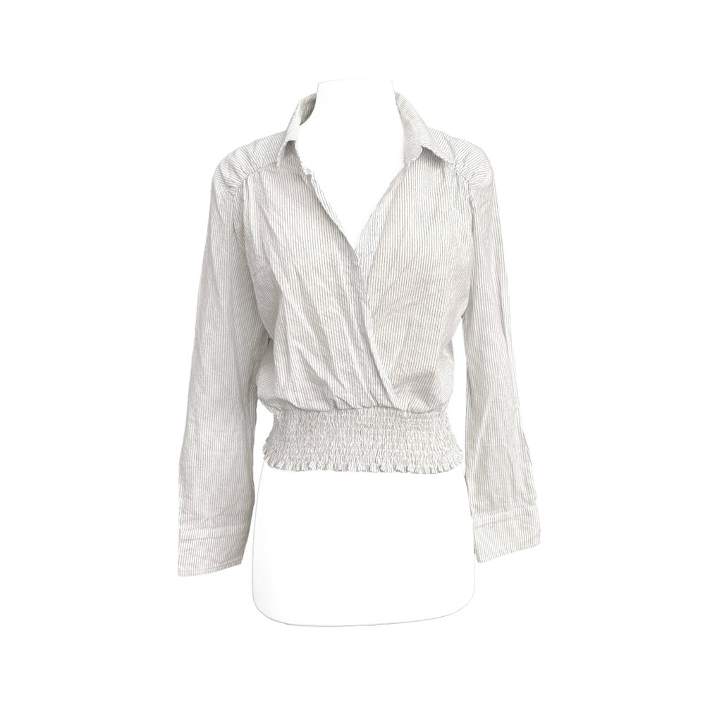 White Wrap Front Long Sleeve Collared Shirt